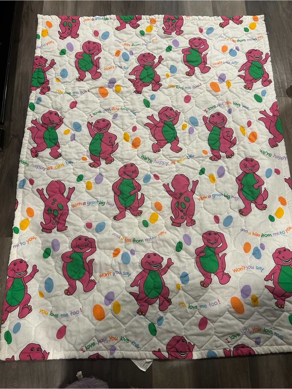 Vintage Barney Printed Quilted Baby Blanket - Pink & Green Dino